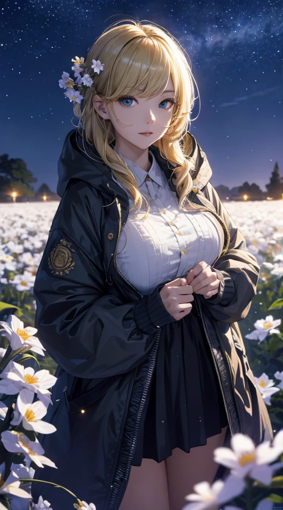 masterpiece, high quality, 4K, Beautiful design, silhouette，blonde， 非常に詳細な夜のStarry Sky,Flower Field， wonderful, Finer details,  Very knowledgeable woman, Highly detailed solo, 1 female,Beautiful Eyes，I like rumors，Big Breasts，Hooded parka，mini skirt，Night view，Starry Sky，full moon，