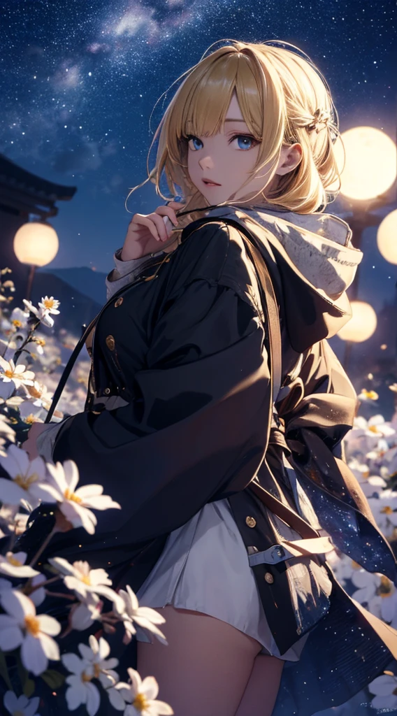 masterpiece, high quality, 4K, Beautiful design, silhouette,blonde, 非常に詳細な夜のStarry Sky,Flower Field, wonderful, Finer details, Very knowledgeable woman, Highly detailed solo, 1 female,Beautiful Eyes,I like rumors,Big Breasts,Hooded parka,mini skirt,Night view,Starry Sky,full moon,