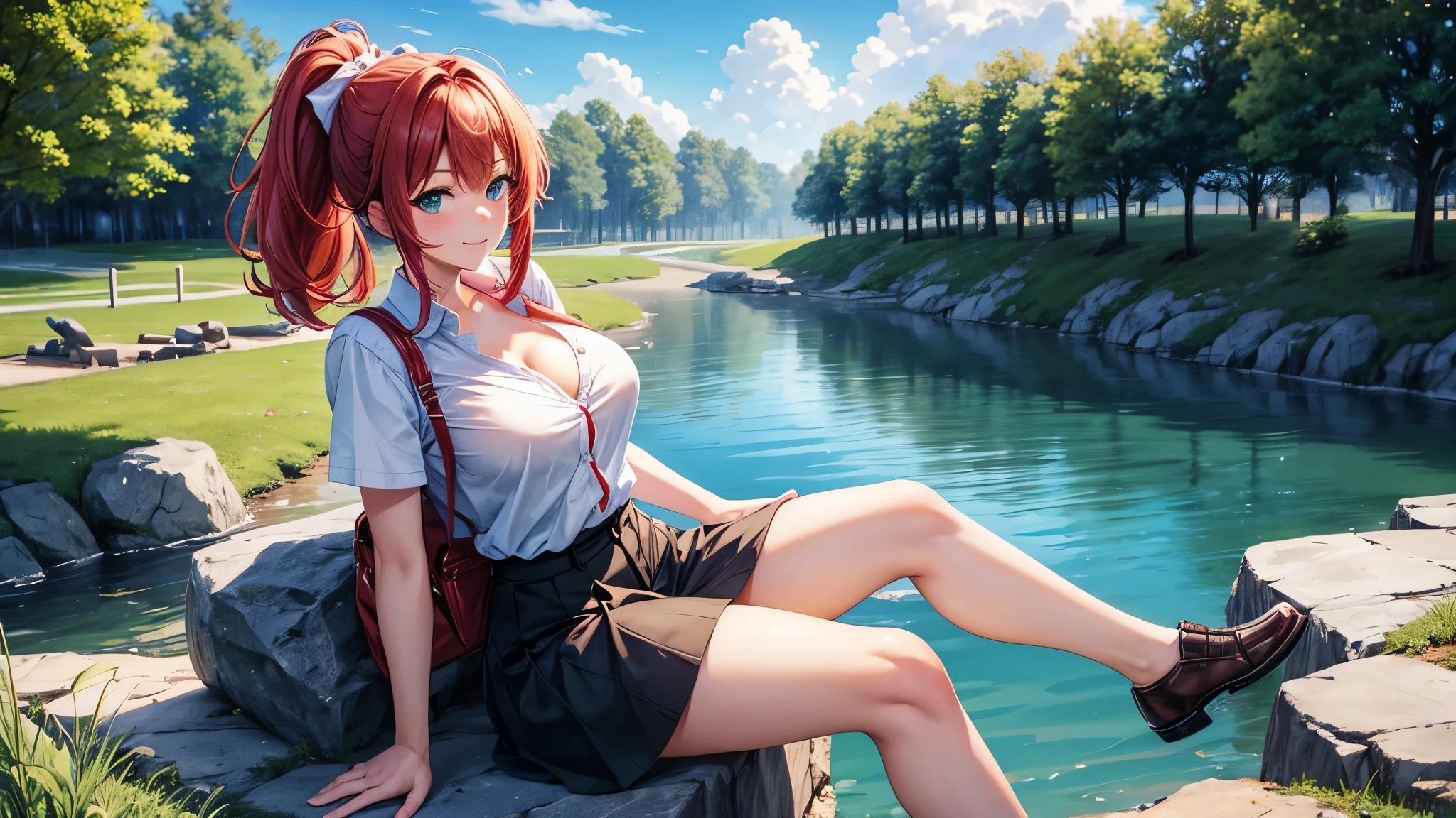 1girl, full body, summer, village, trees, sun, clouds, ((colorful hair)), ponytail, large breasts, button down, blue eyes, ((red, white and green shirt)), ((unbuttoned shirt)), unbuttoning buttons, ((short sleeved shirt)), black mini skirt, brown shoes, grin, looking at the viewer, standing, red, white and green hair ribbon, cleavage, ((golden necklate))