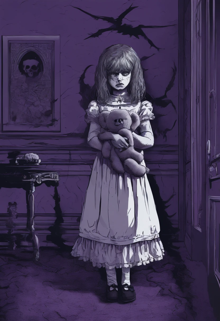 A sad adolescent girl with a lolita outfit, on her knees, holding a teddybear, in the middle of a dark purple room, shadow monsters around her, shadow hands, trauma