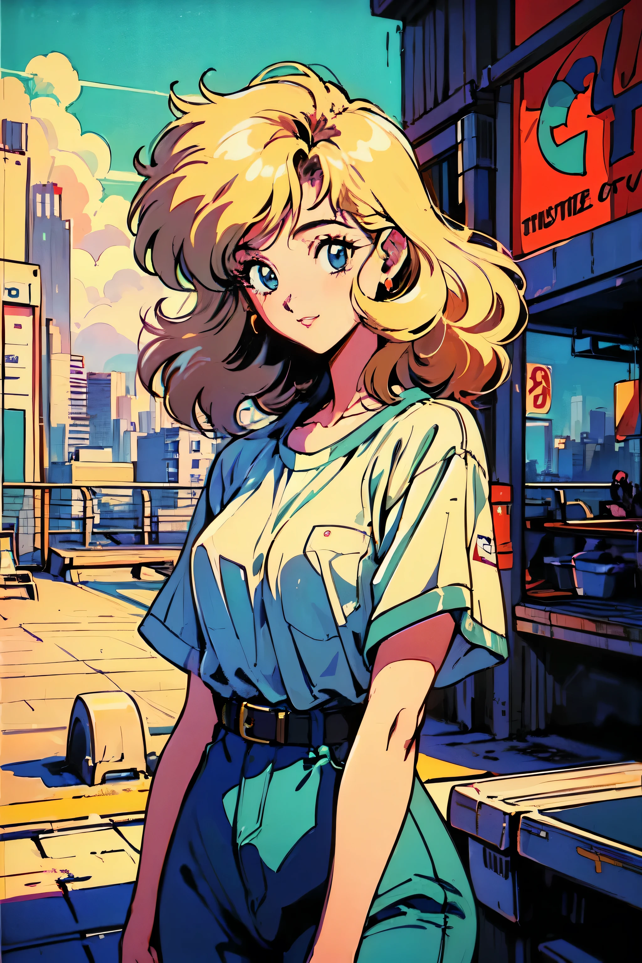 (80's, retro, city pop poster:1.5), (album cover), (masterpiece, best quality), (anime, illustration),
best photo pose, dynamic angle, cowboy shot,
girl, solo, smile, perfect detail eyes, delicate face, blue eyes, blonde hair, curly hair, big glasses.
high fashion,