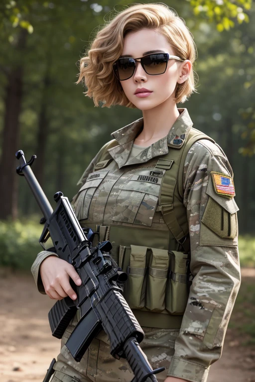 soldier fortune,beautiful young European woman, short curly golden hair,Short haircut,the jingle,sunlight,style sunglasses,camouflage uniform,automatic gun,M-16,realistic,real photorealistic,