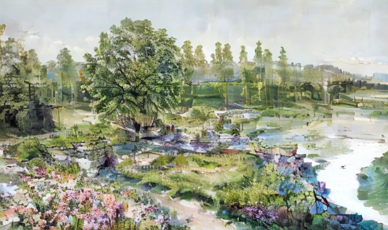 Real healing landscape renderings of natural ecology、Sea of Flowers、Gallery shelf、railing、Cobblestone Trail、Warm tones、The background is real and clear、Real paving、Fresh style scene。Planting northern trees