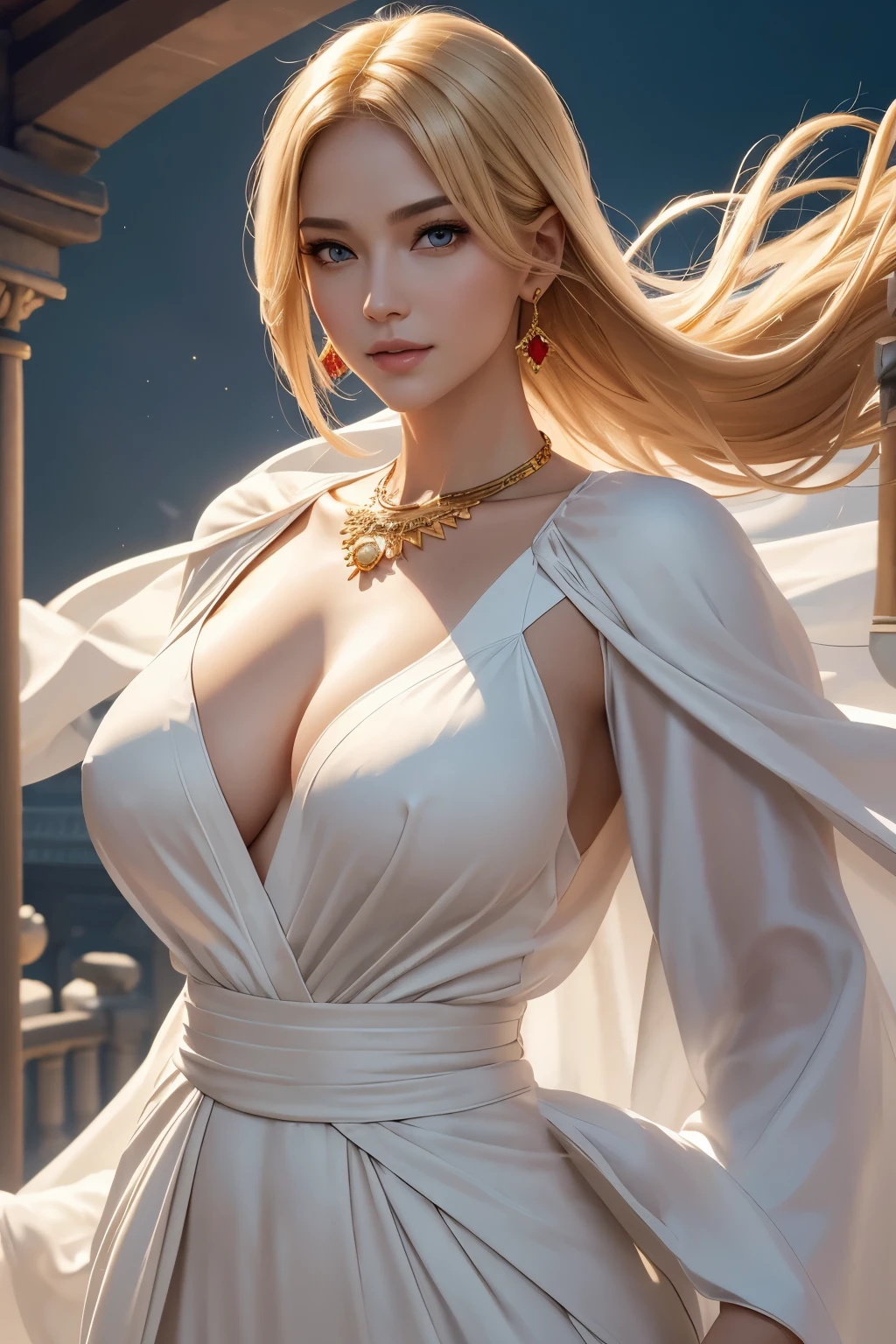 8K,A hoyish goddess with a short blonde bob,Super Beauty(Like the real thing),White robe and white skirt,Beautiful white skin,Very nice smile,Perfect Anatomy,charm,Volume measurement,Body balance,Digital single-lens reflex camera, Soft lighting, Detailed Background, Written boundary depth, Volumetric lighting, Sharp focus, Absurd, Realistic proportions, Excellent anatomy, (Realistic, 超Realistic:1.4), 16K HDR, dawn,A High Resolution,super Realistic 肌,Super beautiful expression,Fantasy art,Character Art,Wind effects:1.9、Cloud Effect:1.2、Full Rendering、Professional quality high resolution、Perfect contrast、Perfect lighting、Perfect composition、Perfect Skin、Perfect Fingers、Perfect breasts、Perfect Hair、Perfect Face、Realistic facial features,super highest quality,Slim figure,Perfect body line,Perfect hand shape,Anatomical body balance,Highly detailed face,Highly detailed eyes,Beautiful Lips,Excellent light particles,Cinema Lighting,Makeup,Ultra-high resolution,Ultra-Realistic Skin,Accentuate your cleavage,Outside the Temple of Heaven,Gold Collar,Red Gemstone Necklace,Gold earrings,Gold Bracelet,Golden Eyes,landscape