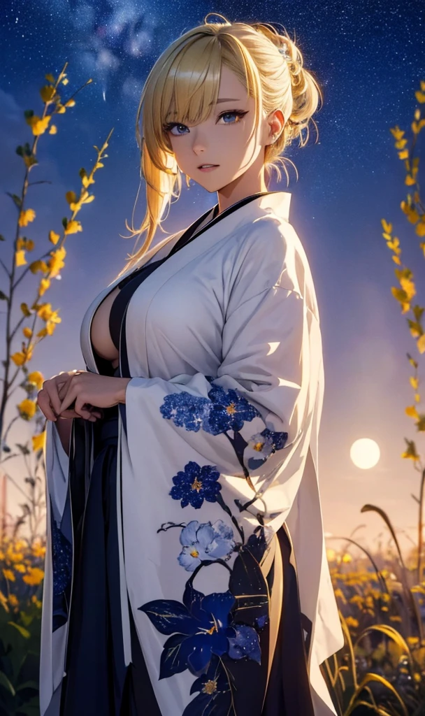 masterpiece, high quality, 4K, Beautiful design, silhouette，Blonde Mohawk，， 非常に詳細な夜のStarry Sky,Flower Field， wonderful, Finer details,  Very knowledgeable woman, Highly detailed solo, 1 female,Beautiful Eyes，tears，Big Breasts，White kimono，Night view，Starry Sky，full moon，