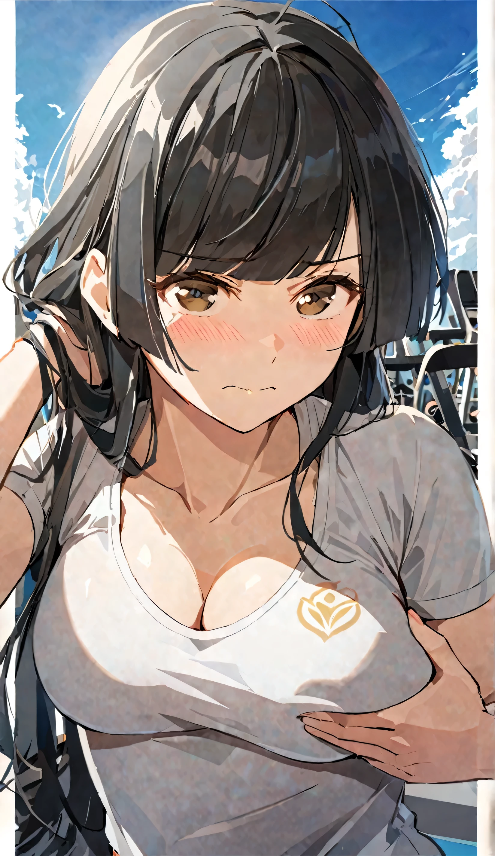 masterpiece,best quality, solo, eda, bangs, black hair, blue sky,cloud, shy expression, blushing expression, embarrassed expression, medium breast, hot, thicc, she is grabing her chest, she is embarassed , she has a medium chest, she is wearing a gym outfit ,she is looking at you, closed mouth, cleavage, upper body , she is looking down on you, she is in the gym, she is working out, she is wearing sports bra, she is fit, she is looking at the viewer, upper body, dynamic pose, dinamic view angle, detailed, she is tying her hair, she is super shy, she is embarrassed , she is hiding her breast, she is touching her breast