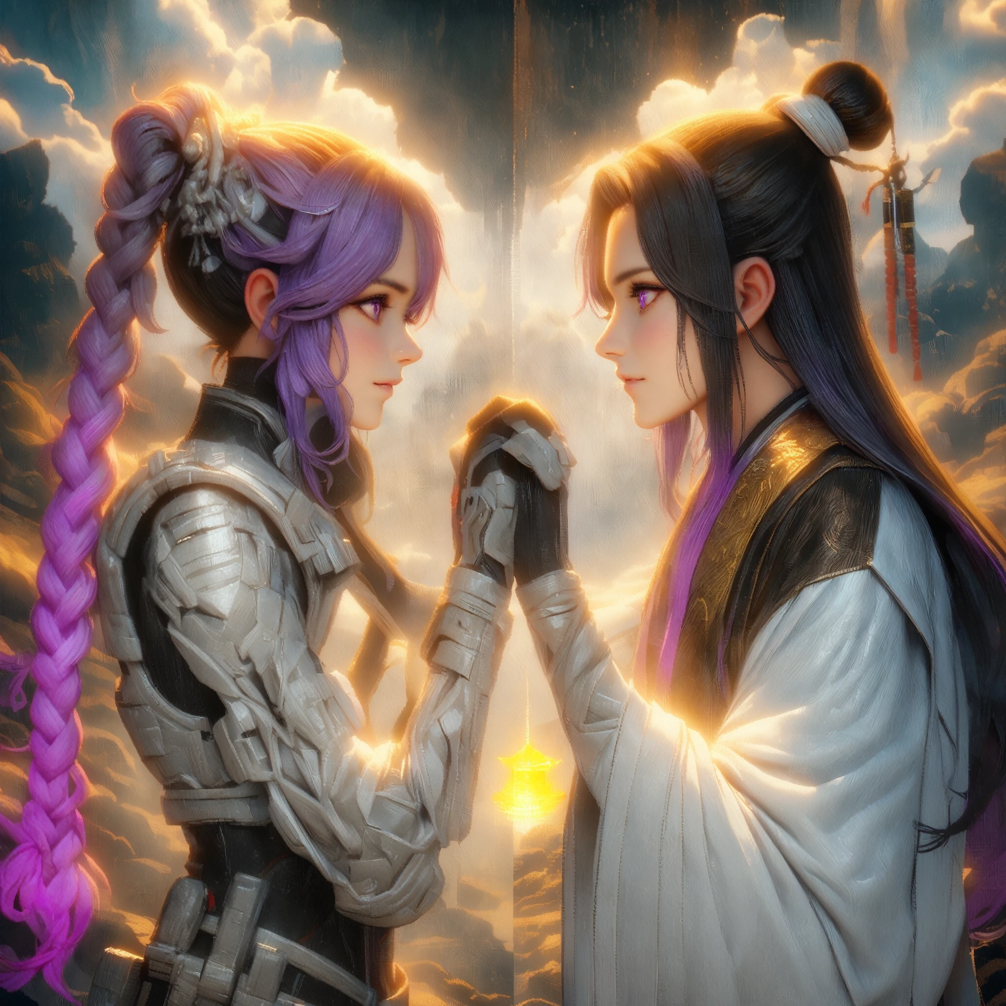 side view, a pcouple facing each other with their fingers intertwined. The left half of the picture is a girl. She has super long double braids, hair color is purple gradient ends with blue, purple eyes . in battle suit; the right half of the picture is a boy, in Chinese ancient style robe, long black bun hair, white robe, fairyland background above the auspicious clouds in the black and white ink painting style of ancient Chinese buildings，yinji，xianxia，high saturation, extremely hyper aesthetic intricate detailed, sharp focus, bewitching lighting, trending on artstation, cinematic lighting, unreal engine, octane render, HDR, Unreal Engine 5, Octane Render, Cinematic, 32k, Natural Lighting, Ray Tracing Global Illumination, Digitally Enhanced, PhotoReal, Hyperdetailed, VFX, High Fidelity, expressive, cinematic look, intricate details, insanely detailed, Photorealism,volumetric lighting