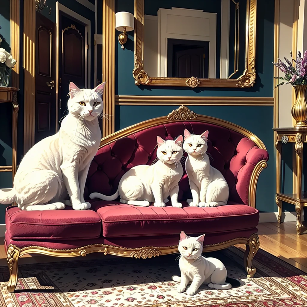 In the cozy dim light of a room bathed in the golden light of twilight, a white cat moves with the feline grace of a ghost. Their fur, soft as fresh snow, sparkles like diamonds in the dying rays of the sun. The feline, absolute master of its domain, strolls nonchalantly among the opulent furniture that adorns the space.
A vibrantly colored Persian rug, handmade by legendary artisans, adorns the mirror-polished wood floor. Above it, a crimson velvet sofa, inviting like a warm hug, offers a cozy haven for the feline to rest. Next to it, a black marble coffee table, carved by skilled hands, boasts a crystal vase overflowing with exotic flowers, perfuming the air with their intoxicating fragrance.