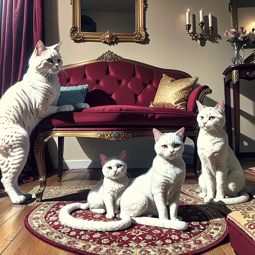 In the cozy dim light of a room bathed in the golden light of twilight, a white cat moves with the feline grace of a ghost. Their fur, soft as fresh snow, sparkles like diamonds in the dying rays of the sun. The feline, absolute master of its domain, strolls nonchalantly among the opulent furniture that adorns the space.
A vibrantly colored Persian rug, handmade by legendary artisans, adorns the mirror-polished wood floor. Above it, a crimson velvet sofa, inviting like a warm hug, offers a cozy haven for the feline to rest. Next to it, a black marble coffee table, carved by skilled hands, boasts a crystal vase overflowing with exotic flowers, perfuming the air with their intoxicating fragrance.