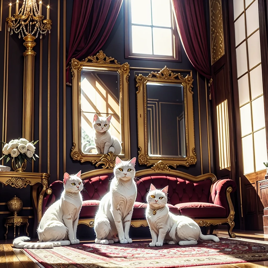 In the cozy dim light of a room bathed in the golden light of twilight, a white cat moves with the feline grace of a ghost. Their fur, soft as fresh snow, sparkles like diamonds in the dying rays of the sun. The feline, absolute master of its domain, strolls nonchalantly among the opulent furniture that adorns the space.
A vibrantly colored Persian rug, handmade by legendary artisans, adorns the mirror-polished wood floor. Above it, a crimson velvet sofa, inviting like a warm hug, offers a cozy haven for the feline to rest. Next to it, a black marble coffee table, carved by skilled hands, boasts a crystal vase overflowing with exotic flowers, perfuming the air with their intoxicating fragrance.