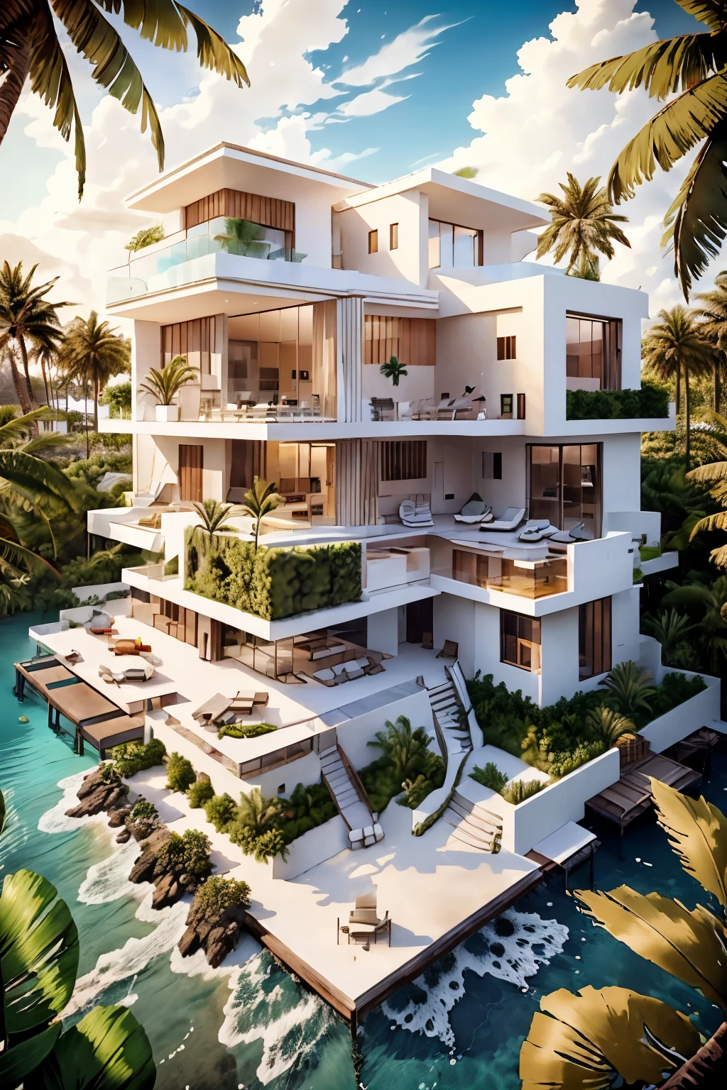 A captivating conceptual illustration of a colossal, luxurious modern beach house crafted entirely from drywall, embodying the innovative architectural notion of utilizing uncommon materials in an unexpected setting. The house boasts a minimalist aesthetic, characterized by sleek lines, expansive windows, and a level roof that seamlessly blends with the horizon. The nearby beach landscape is idyllic, adorned with golden sand, swaying palm trees, and an endless ocean stretching into the distance. A gentle breeze tenderly rustles the palm fronds, creating a tranquil, dream-like ambiance – a testament to the harmonious union of nature and human ingenuity.