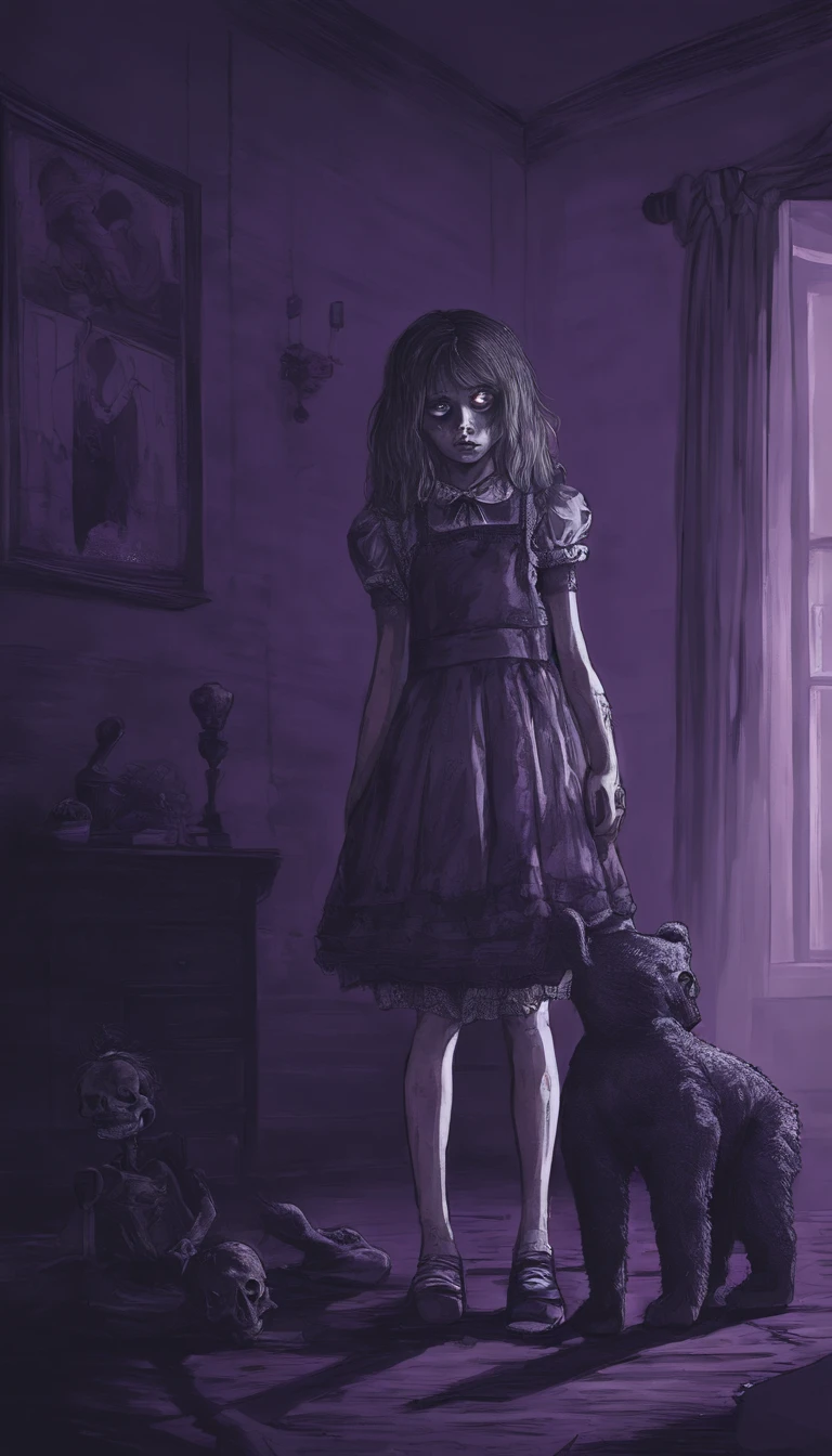 A sad adolescent girl with a ta outfit, on her knees, holding a teddybear, in the middle of a dark purple room, shadow monsters around her, shadow hands, trauma