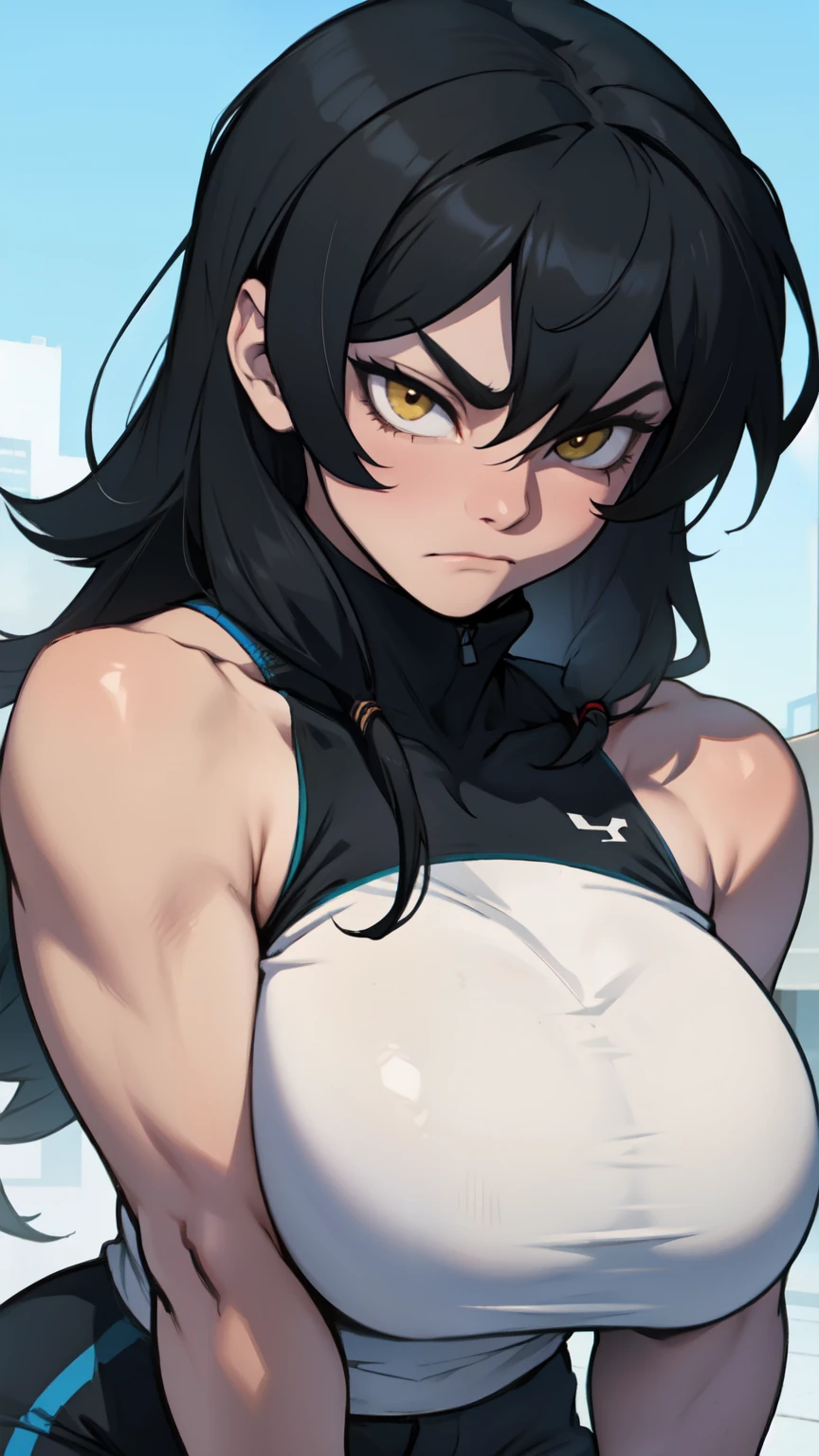 athletic build massive breasts pale skin black hair yellow eyes frown long hair