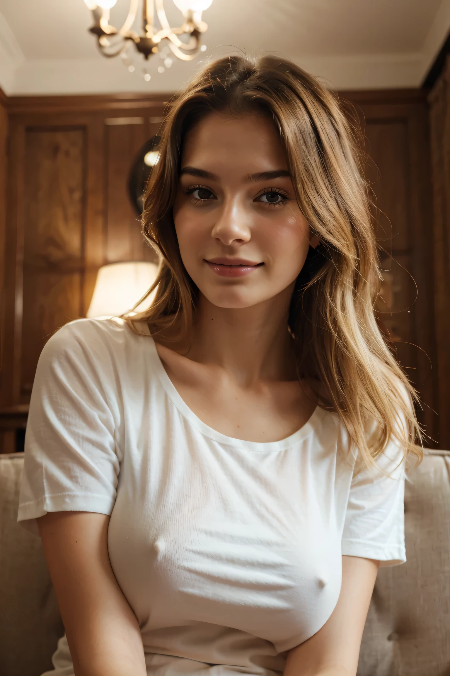 masterpiece, highest quality, Very detailed, Surreal, Realistic, Beautiful French model in her twenties, Dim lighting:1.1, nightclub lights:1.1, sofa, Sitting next to me, leaning towards the viewer, super close up shot, White T-shirt:1.2, Very detailedな顔, Wavy Hair, Blonde Hair, Pale skin, Big Breasts, smile