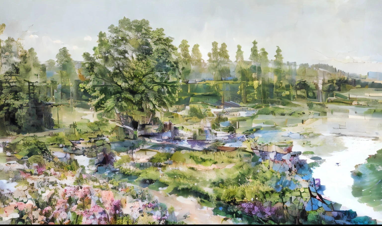 Real healing landscape renderings of natural ecology、Sea of Flowers、Gallery shelf、railing、Cobblestone Trail、Warm tones、The background is real and clear、Real paving、Fresh style scene。Planting northern trees