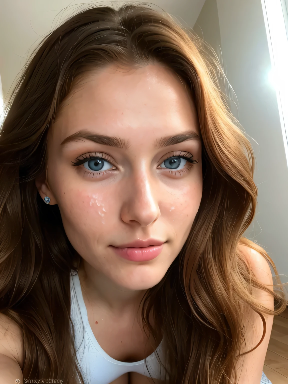 ultra detailed photo of a 25 years old beautiful woman,long wavy chestnut hair , thin pointy nose, ultra detailed face, beautiful big dark and light blue eyes ,big eyelashes, no makeup, suntan, slender, looking up to the camera from the floor, the camera is up and she is kneeling, face covered with semen, wet face