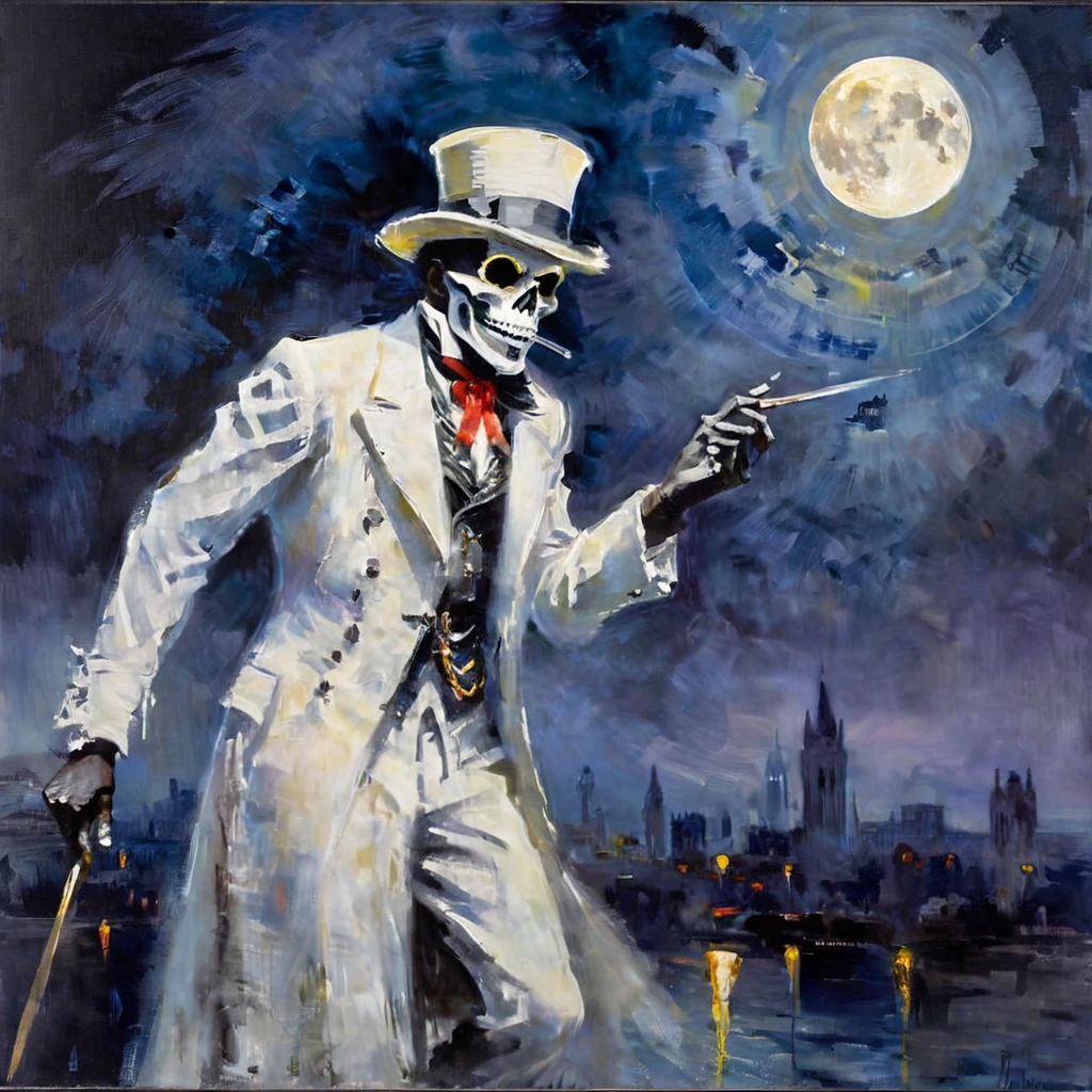 Claude Monet-style impressionist painting, ghostly apparition of Baron Samedi dominating the night sky, ethereal dances cast over cityscape, radiant moon resembling an omniscient eye, intertwined with voodoo elements, ominous skulls emerging, beauty intertwined with terror, enigmatic sharp focus, mysticism-infused masterpiece, evoking a stunningly confusing allure, dramatic lighting, ultra fine.