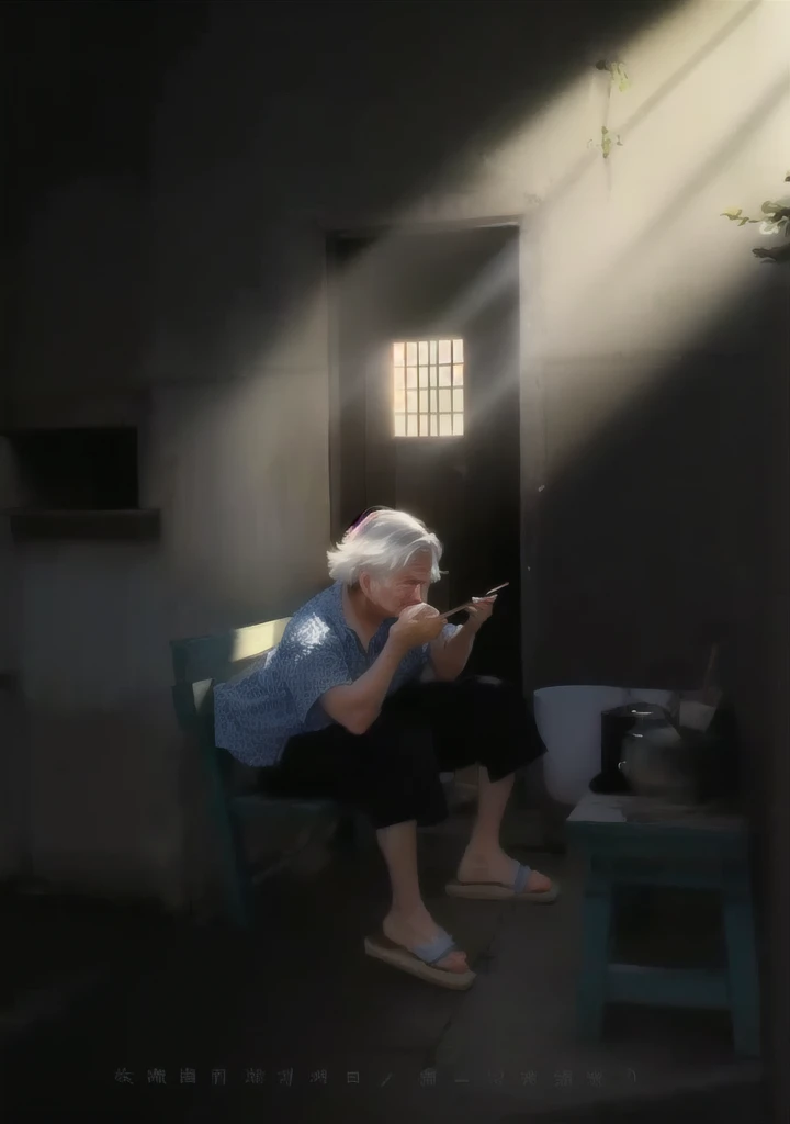 Caring for Empty Nesters,Silver-haired old man,Eating the rice in the bowl alone,Holding chopsticks,Sit on a small bench,A beam of sunlight hit her.