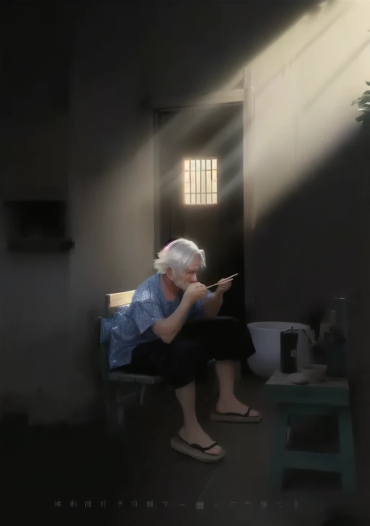 Caring for Empty Nesters,Silver-haired old man,Eating the rice in the bowl alone,Holding chopsticks,Sit on a small bench,A beam of sunlight hit her.