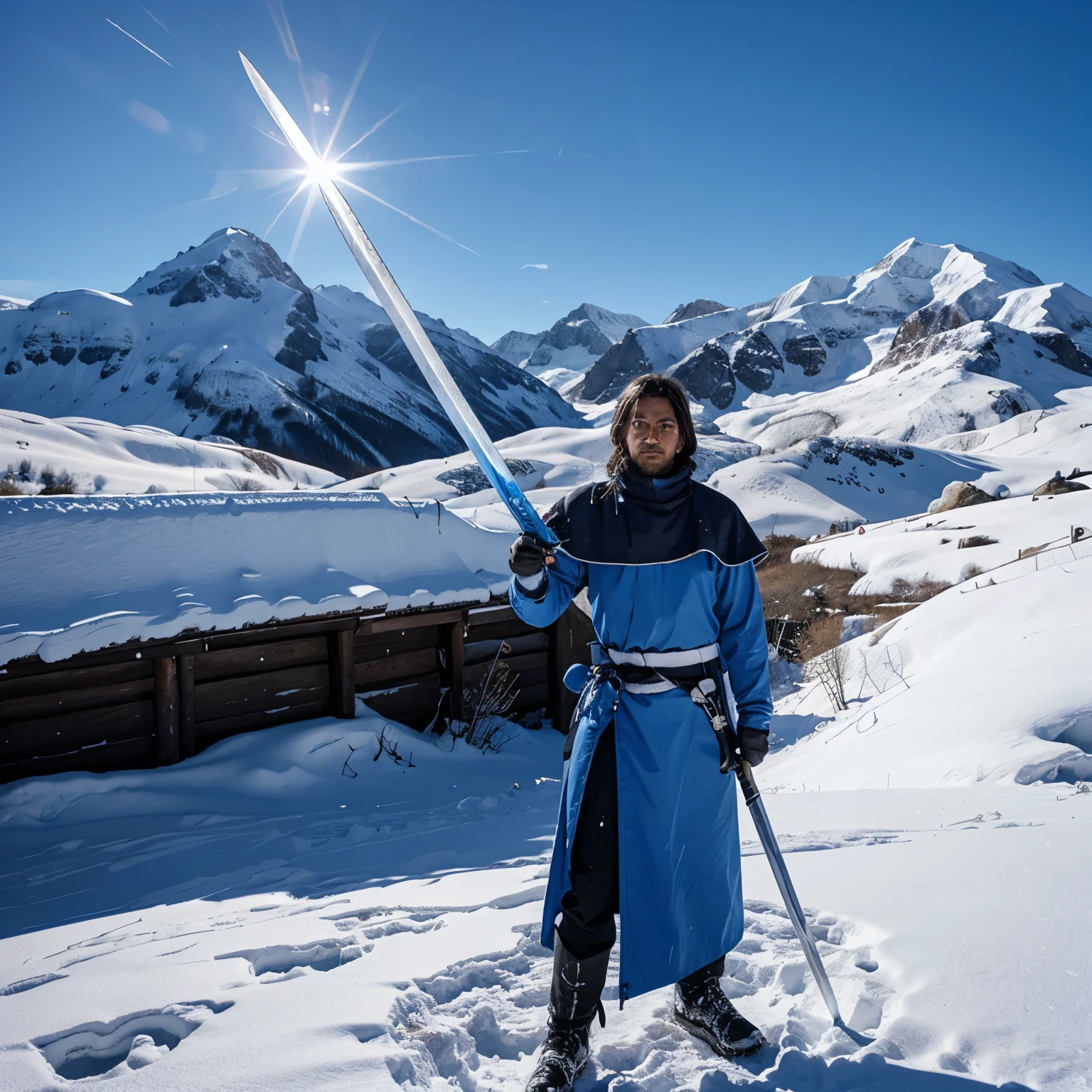 glowing sword, color blue, snowy mountain background