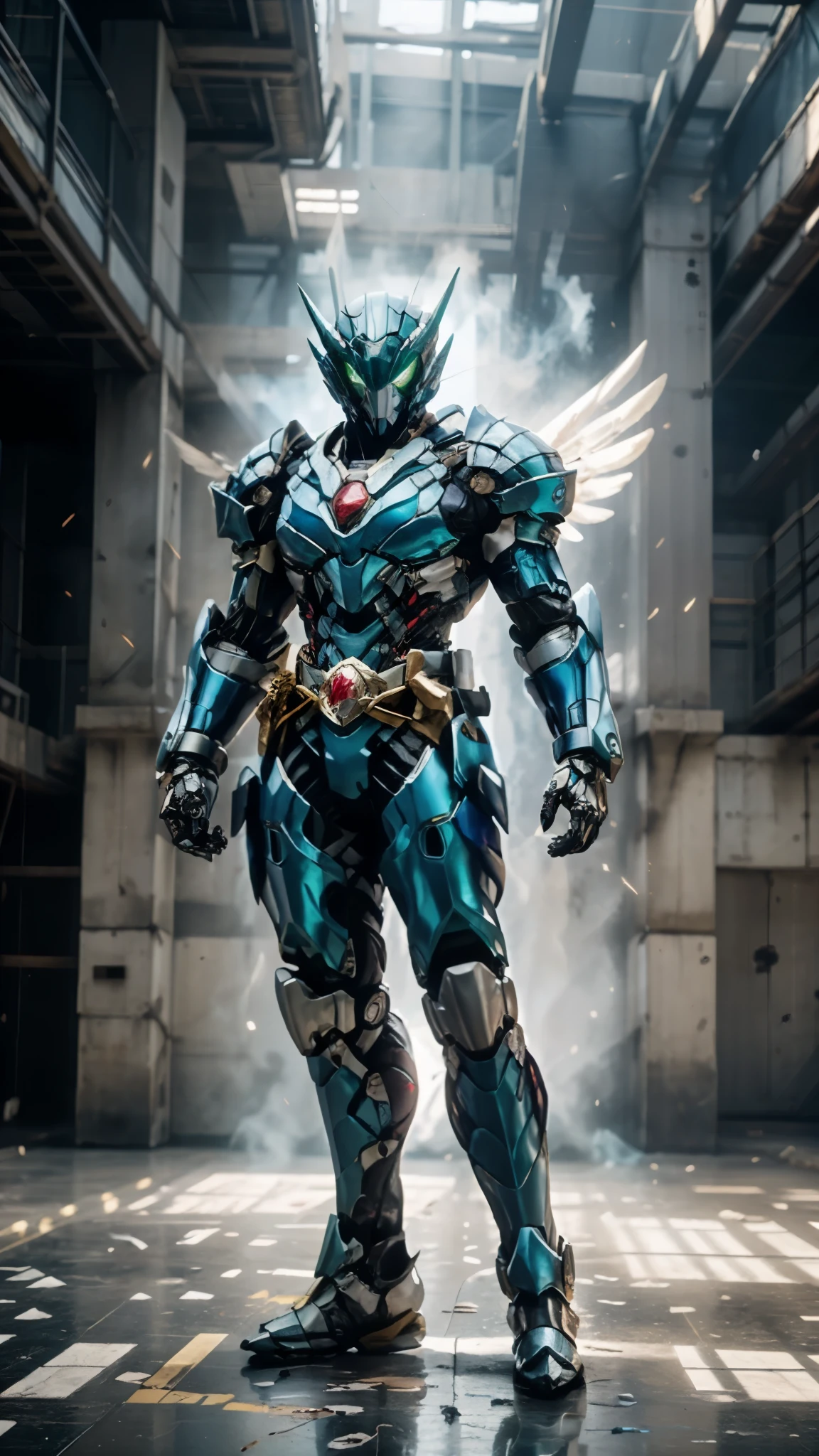 A man wearing a full-face helmet, a fantasy-style biotech armored combat suit, green eyes, (a composite layered chest armor), fully enclosed shoulder guards, matching arm and leg guards, the belt is adorned with Falcon Wing, (the color scheme is primarily white with red and blue accents), the design balances heavy with agility, a high-tech bio-mecha armor, (Armor Concept Inspired by Falcon, stand on the top of a skyscraper in a futuristic sci-fi city), this character embodies a finely crafted fantasy-surreal style armored hero in anime style, exquisite and mature manga art style, (battle damage, element, plasma, energy, the armor glows), ((male:1.5)), metallic, real texture material, dramatic, high definition, best quality, highres, ultra-detailed, ultra-fine painting, extremely delicate, professional, perfect body proportions, golden ratio, anatomically correct, symmetrical face, extremely detailed eyes and face, high quality eyes, creativity, RAW photo, UHD, 32k, Natural light, cinematic lighting, masterpiece--perfect, masterpiece:1.5