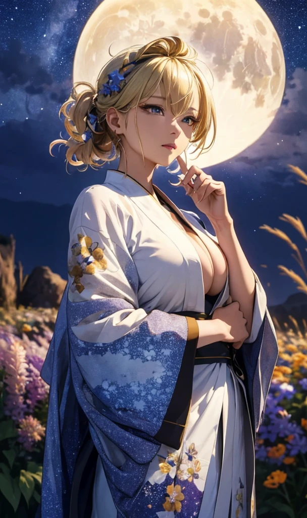 masterpiece, high quality, 4K, Beautiful design, silhouette,Blonde Mohawk,, 非常に詳細な夜のStarry Sky,Flower Field, wonderful, Finer details, Very knowledgeable woman, Highly detailed solo, 1 female,Beautiful Eyes,tears,Big Breasts,White kimono,Night view,Starry Sky,full moon,