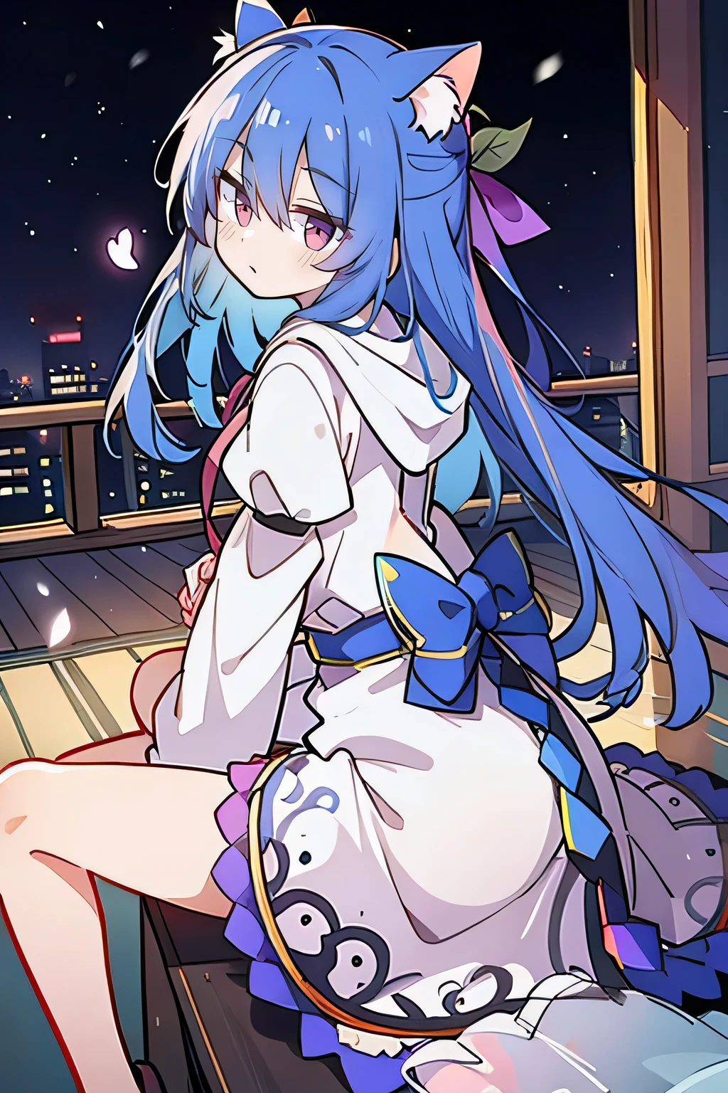 (masterpiece:1.2),Super detailed,lifelike,Expressive eyes,fair skin,perfect face shape,1 girl,
Japanese comics,Gorgeous blue hair,flowing blue hair,flowing clothes,Cat ears,Petals fall,beautiful lola,Baby Angel,
Cross your legs,Gentle and peaceful background,The pavilion is cool and comfortable, wearing hoodie, background of tokyo,back views,snowing, winter.