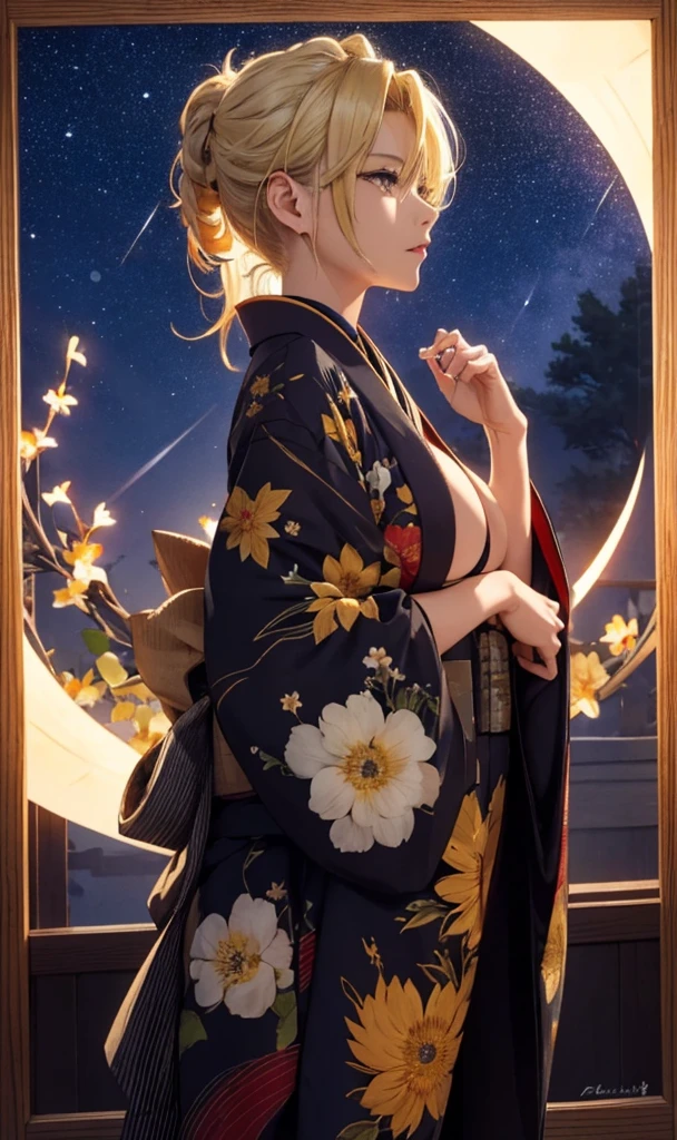 masterpiece, high quality, 4K, Beautiful design, silhouette，Blonde Mohawk，， 非常に詳細な夜のStarry Sky,Flower Field， wonderful, Finer details,  Very knowledgeable woman, Highly detailed solo, 1 female,Beautiful Eyes，tears，Big Breasts，Red kimono，Night view，Starry Sky，full moon，