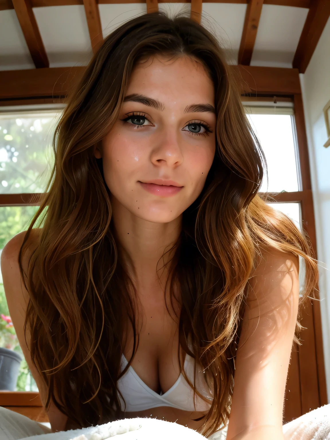 ultra detailed photo of a 25 years old beautiful woman,long wavy chestnut hair , thin pointy nose, ultra detailed face, beautiful big dark and light green eyes ,big eyelashes, no makeup, suntan, slender, looking up to the camera from the floor, the camera is up and she is kneeling, face covered with semen, dense white semen, wet face