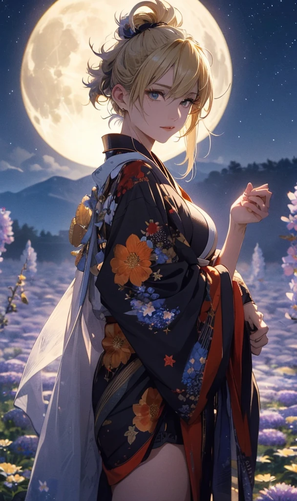 masterpiece, high quality, 4K, Beautiful design, silhouette,Blonde Mohawk,, 非常に詳細な夜のStarry Sky,Flower Field, wonderful, Finer details, Very knowledgeable woman, Highly detailed solo, 1 female,Beautiful Eyes,tears,Big Breasts,Red kimono,Night view,Starry Sky,full moon,