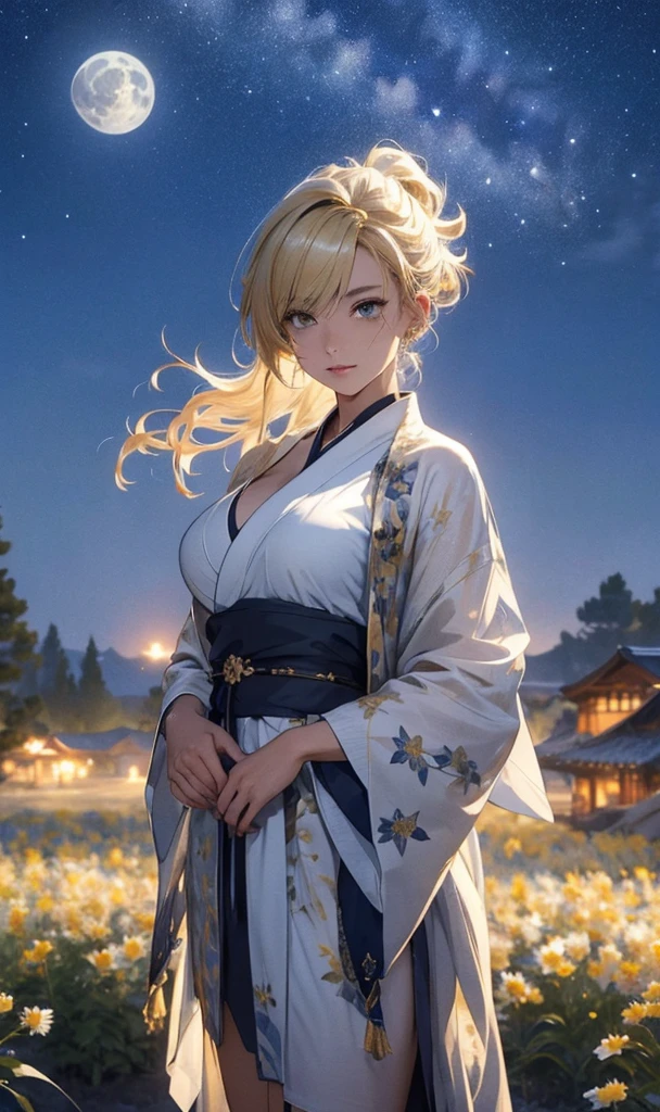 masterpiece, high quality, 4K, Beautiful design, silhouette，Blonde Mohawk，， 非常に詳細な夜のStarry Sky,Flower Field， wonderful, Finer details,  Very knowledgeable woman, Highly detailed solo, 1 female,Beautiful Eyes，tears，Big Breasts，White kimono，Night view，Starry Sky，full moon，