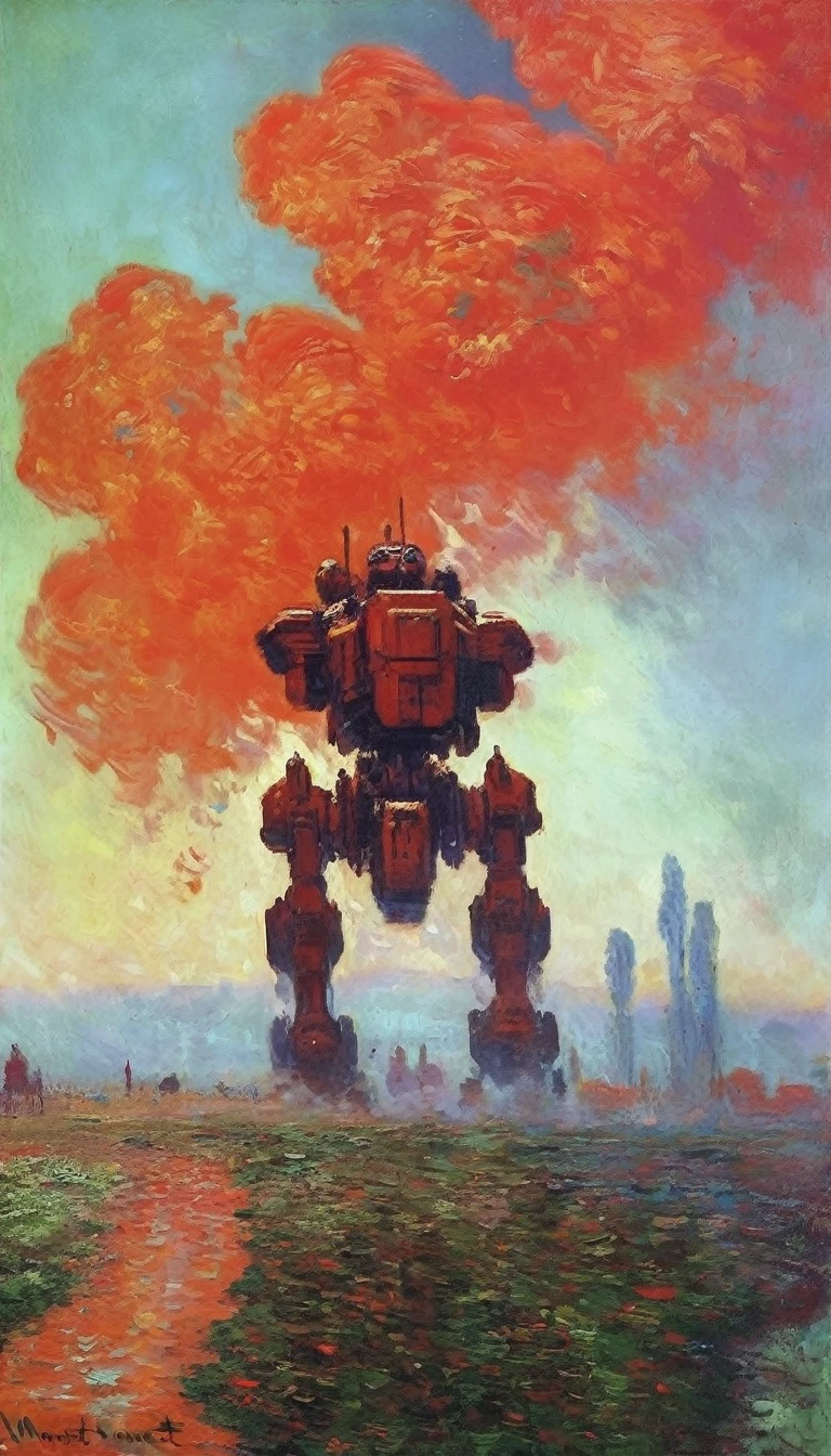 (impressionism by monet:1.35), oil painting, Absurd resolution, high resolution, (masterpiece: 1.4), hyper-detail, sci-fi, a big mech, red armor with red wings, floating flight in the sky (1.8) background is wild, fire