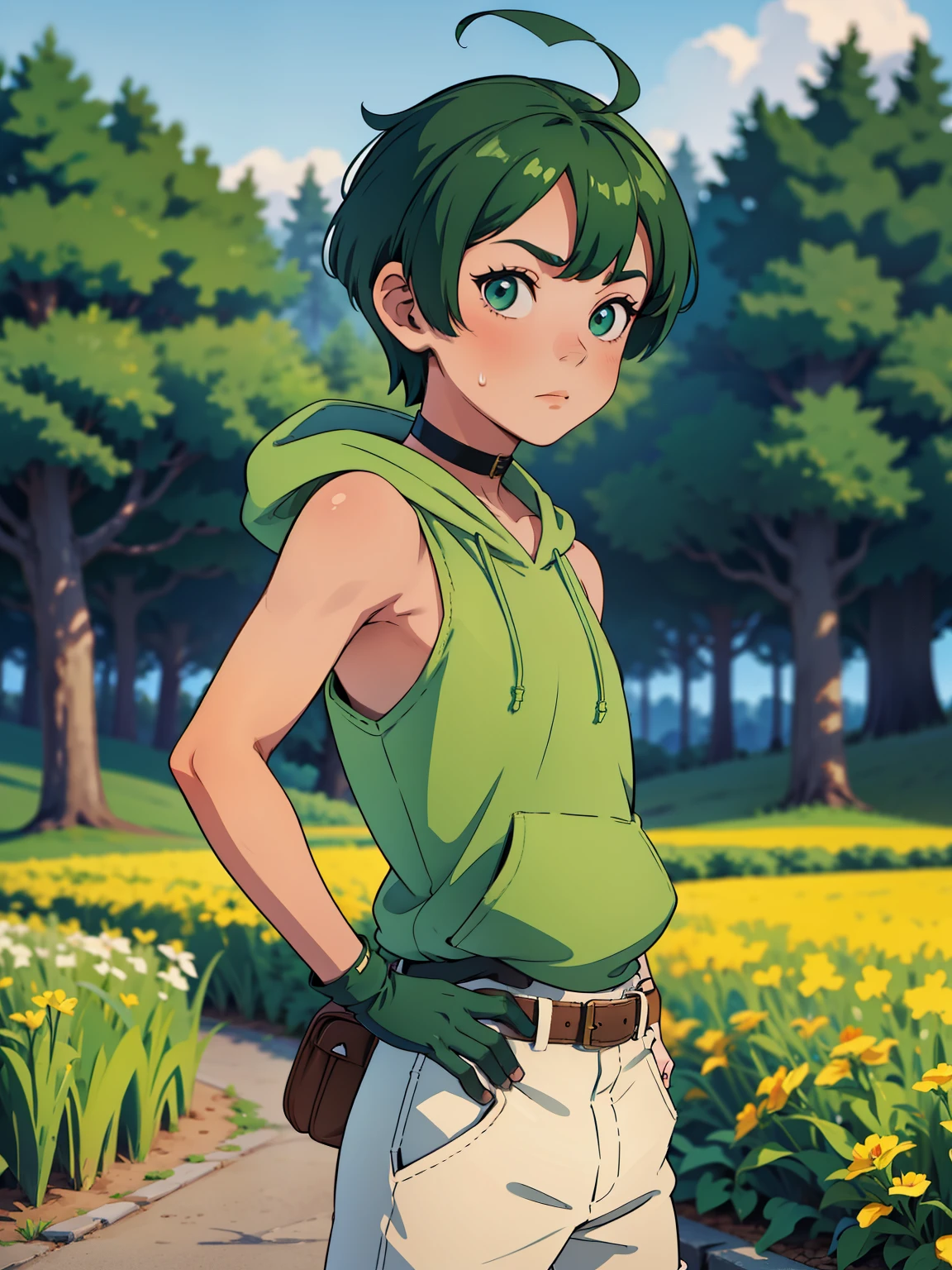 Highres, Masterpiece, Best quality at best,Best Quality,hight quality, hight detailed, 1boy, Boy, green hair, Side bangs, Shota, Belt, Glove, elbow cover, Sleeveless hoodie, choker, 4k, Seen from the front, Little sweat, forest, Cute boy, (very small and short stature), (very young boy), 12-year-old boys, Blurry and simple beckground, bokeh, Uhd