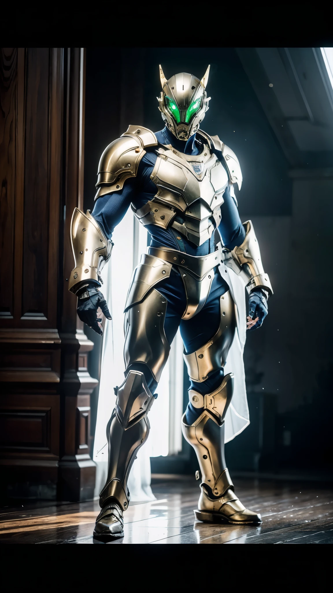 A man wearing a full-face helmet, a fantasy-style biotech armored combat suit, green eyes, (a composite layered chest armor), fully enclosed shoulder guards, matching arm and leg guards, the belt is adorned with Beetle-shaped gemstone, (the color scheme is primarily white with red and blue accents), the design balances heavy with agility, a high-tech bio-mecha armor, (Armor Concept Inspired by Dynastinae, stand on the top of a skyscraper in a futuristic sci-fi city), this character embodies a finely crafted fantasy-surreal style armored hero in anime style, exquisite and mature manga art style, (battle damage, element, plasma, energy, the armor glows), ((male:1.5)), metallic, real texture material, dramatic, high definition, best quality, highres, ultra-detailed, ultra-fine painting, extremely delicate, professional, perfect body proportions, golden ratio, anatomically correct, symmetrical face, extremely detailed eyes and face, high quality eyes, creativity, RAW photo, UHD, 32k, Natural light, cinematic lighting, masterpiece-anatomy-perfect, masterpiece:1.5