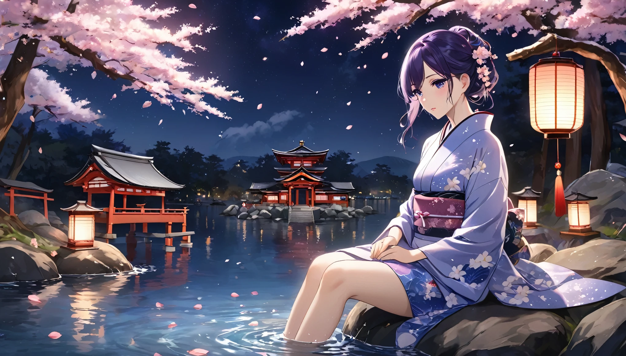 Beautiful woman,8Head and Body,Japanese Clothing,night,月night,Clouds purple and blue,Sunny starry sky,Wet Skin,sexy,Clothes stick to the skin,sorrow,Charm,Mature sex appeal,Sitting on a rock,Water splash on background,Water droplets fall,The kimono is transparent,Eye color is indigo,Look Away,The eyes are sparkling with detailed expressions.,Firefly Light,Floating lantern,Scattered lights in the background,Japanese shrine in the background,night桜,Cherry blossom petals floating on the water,White lotus flower floating on the water,flower lantern
