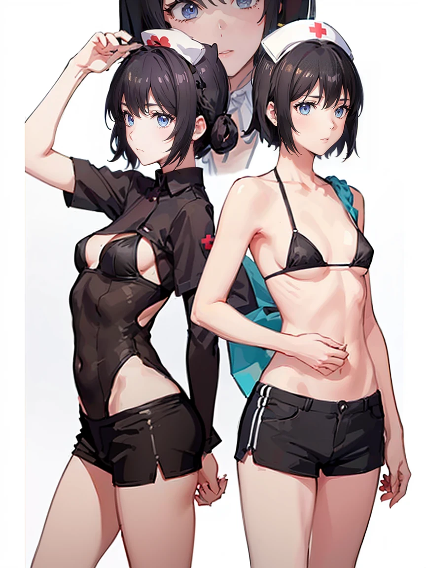 ((nurse、standing, multiple views, from side, from behind,)),((Glasses))、woman,Full body photo, ((white background. White bed in a love hotel))) Best image quality, high quality, The background is clear,きれいなwoman, Japanese, detailed, detailed eyes, detailed skin, Beautiful Skin, 超High resolution, (reality: 1.4),とても美しいwoman, A little younger face, Beautiful Skin, thin, (Ultra-photorealism), (High resolution), (8k), (非常にdetailed) (Beautiful and detailed eyes), (非常にdetailed), (detailed face), Displaying the viewer, Fine details, detailed face, Staring straight ahead, Staring straight ahead, Photo Real, Baby Face,Hairstyle: short hair,Brown Hair、smile,(((Floating loose bikini ,breasts out,Shorts、)))(Gaunt, Skinny,)(((Gaunt, flat chest, ,)))(,))hair over one eye, from below, (((nurse、standing ,multiple views, from side, from behind,)))