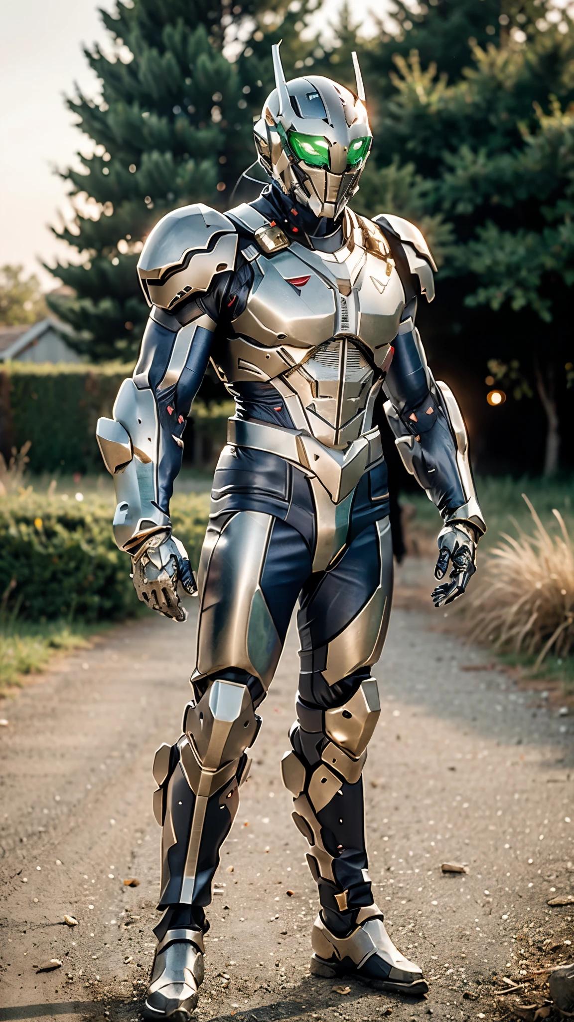 A man wearing a full-face helmet, a fantasy-style biotech armored combat suit, green eyes, (a composite layered chest armor), fully enclosed shoulder guards, matching arm and leg guards, the belt is adorned with Beetle-shaped gemstone, (the color scheme is primarily white with red and blue accents), the design balances heavy with agility, a high-tech bio-mecha armor, (Armor Concept Inspired by Dynastinae, stand on the top of a skyscraper in a futuristic sci-fi city), this character embodies a finely crafted fantasy-surreal style armored hero in anime style, exquisite and mature manga art style, (battle damage, element, plasma, energy, the armor glows), ((male:1.5)), metallic, real texture material, dramatic, high definition, best quality, highres, ultra-detailed, ultra-fine painting, extremely delicate, professional, perfect body proportions, golden ratio, anatomically correct, symmetrical face, extremely detailed eyes and face, high quality eyes, creativity, RAW photo, UHD, 32k, Natural light, cinematic lighting, masterpiece-anatomy-perfect, masterpiece:1.5