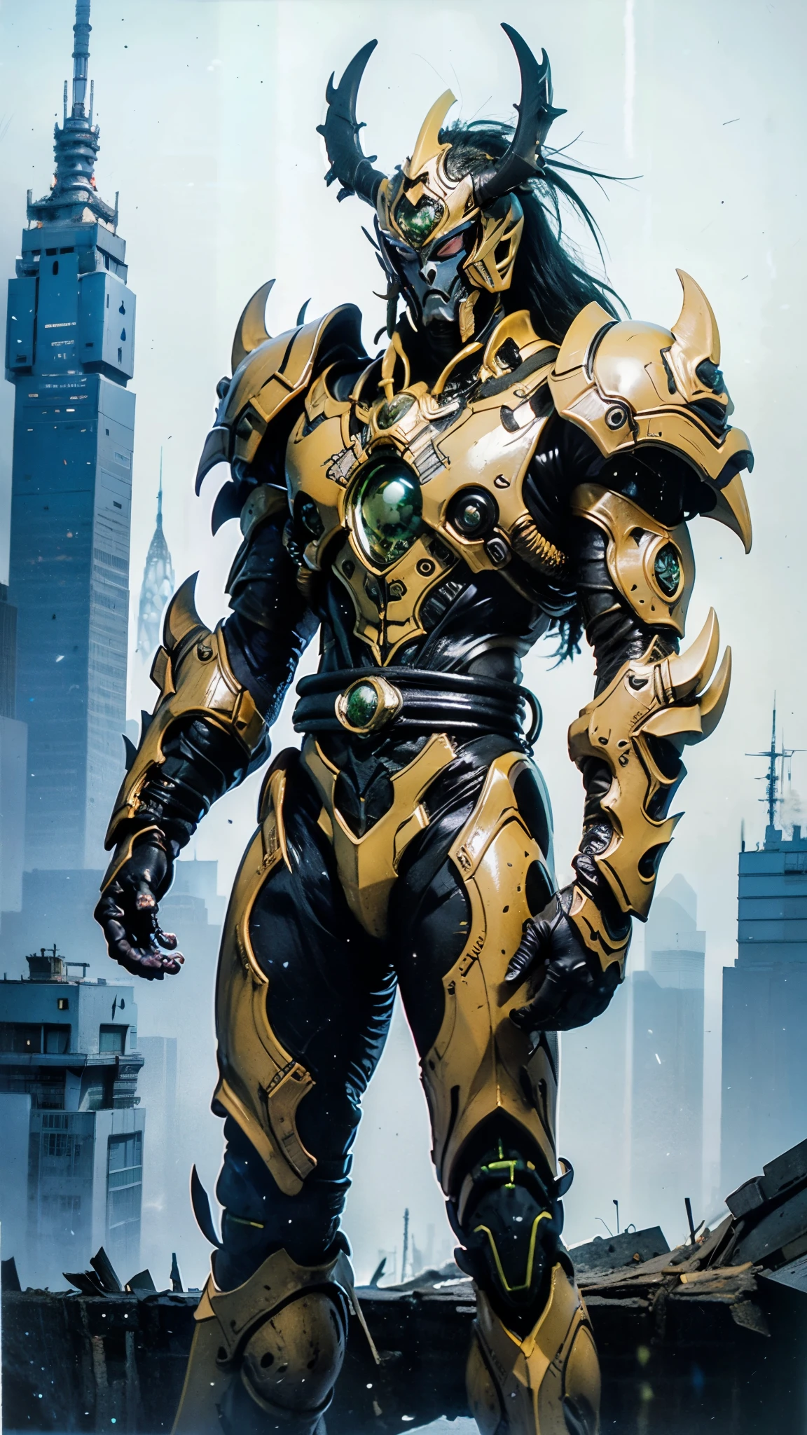 A man wearing a full-face helmet, a fantasy-style biotech armored combat suit, green eyes, (a composite layered chest armor), fully enclosed shoulder guards, matching arm and leg guards, the belt is adorned with Beetle-shaped gemstone, (the color scheme is primarily white with red and blue accents), the design balances heavy with agility, a high-tech bio-mecha armor, (Armor Concept Inspired by Dynastinae, stand on the top of a skyscraper in a futuristic sci-fi city), this character embodies a finely crafted fantasy-surreal style armored hero in anime style, exquisite and mature manga art style, (battle damage, element, plasma, energy, the armor glows), ((male:1.5)), metallic, real texture material, dramatic, high definition, best quality, highres, ultra-detailed, ultra-fine painting, extremely delicate, professional, perfect body proportions, golden ratio, anatomically correct, symmetrical face, extremely detailed eyes and face, high quality eyes, creativity, RAW photo, UHD, 32k, Natural light, cinematic lighting, masterpiece-anatomy-perfect, masterpiece:1.5