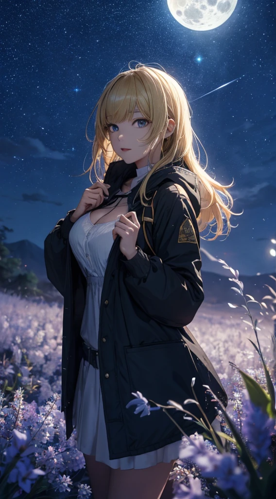 masterpiece, high quality, 4K, Beautiful design, silhouette，blonde， 非常に詳細な夜のStarry Sky,Flower Field， wonderful, Finer details,  Very knowledgeable woman, Highly detailed solo, 1 female,Beautiful Eyes，I like rumors，Big Breasts，Hooded parka，mini skirt，Night view，Starry Sky，full moon，