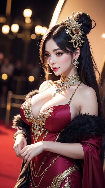 A gorgeous lady in a sophisticated and stylish modern fantasy outfit, donning a dazzling mask, participating in an elegant carnival. The atmosphere is filled with sumptuous details and sparkling lights, reflecting the splendor of the event.
