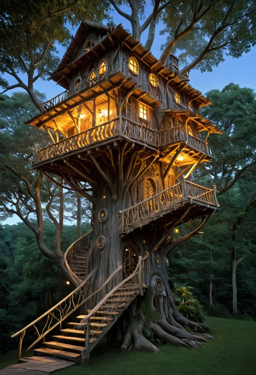 a strange and enchanting treehouse filled with light and modeled on the tree, como se fizesse parte dela. Cores vibrantes, detalhes perfeitos e realistas.