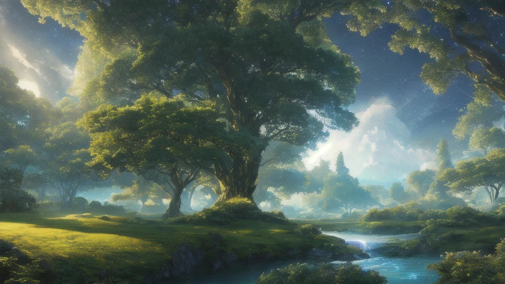 Illustration of a hyperrealistic , otherworldly, ultrasky scene featuring a giant crystal tree full body,very detailed and magical lighting, intricate forest details, vegetation and river around, solarpunk ,landscape, giant tree, beatifull leafy with beautiful lighting and realistic proportions, as if it were a cinematic background, 8k, highest quality, masterpiece, clouds and stars in the sky.