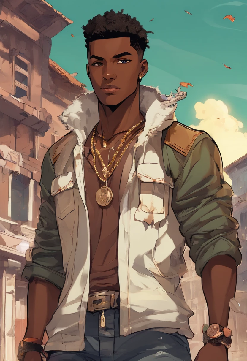 a close up of a dark skin person wearing fancy clothing consisting a jaguar spotted brown jacket, white tank top underneath jacket, dark gray jeans with a black belt on his waist, brown shoes with golden toe caps. He also wears two golden chain necklace in his neck and a long necklace with three black rounded pendants at the center. African American character in tekken, dark green eyes, undercut hairstyle, half body close-up shot, male character, single, Apocalypse theme, destroyed town background, around 20 years old, black teenage male, profile photo,realistic shaded perfect body, highres,incredibly absurdres,absurdres,very_high resolution,original,intricate details,hyper detail,ultra-detailed,exquisite detailed, extremely delicate,intricate delicate,hyper delicate,beautiful,UHD wallpaper,colorful Apocalypse theme, destroyed town background, around 20 years old, black teenage male, profile photo,realistic shaded perfect body, highres,incredibly absurdres,absurdres,very_high resolution,original,intricate details,hyper detail,ultra-detailed,exquisite detailed, extremely delicate,intricate delicate,hyper delicate,beautiful,UHD wallpaper,colorful