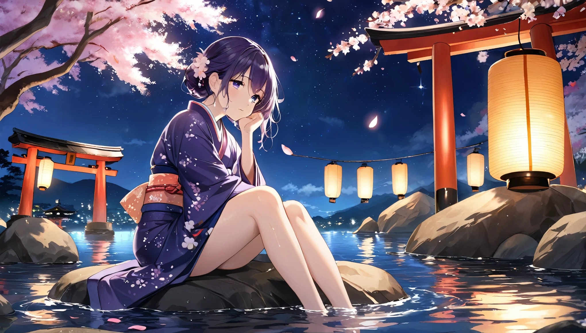 Beautiful woman,8Head and Body,Japanese Clothing,night,月night,Clouds purple and blue,Sunny starry sky,Wet Skin,sexy,Clothes stick to the skin,sorrow,Charm,Mature sex appeal,Sitting on a rock,Water splash on background,Water droplets fall,The kimono is transparent,Eye color is indigo,Look Away,The eyes are sparkling with detailed expressions.,Firefly Light,Floating lantern,Scattered lights in the background,Japanese shrine in the background,night桜,Cherry blossom petals floating on the water,White lotus flower floating on the water,flower lantern