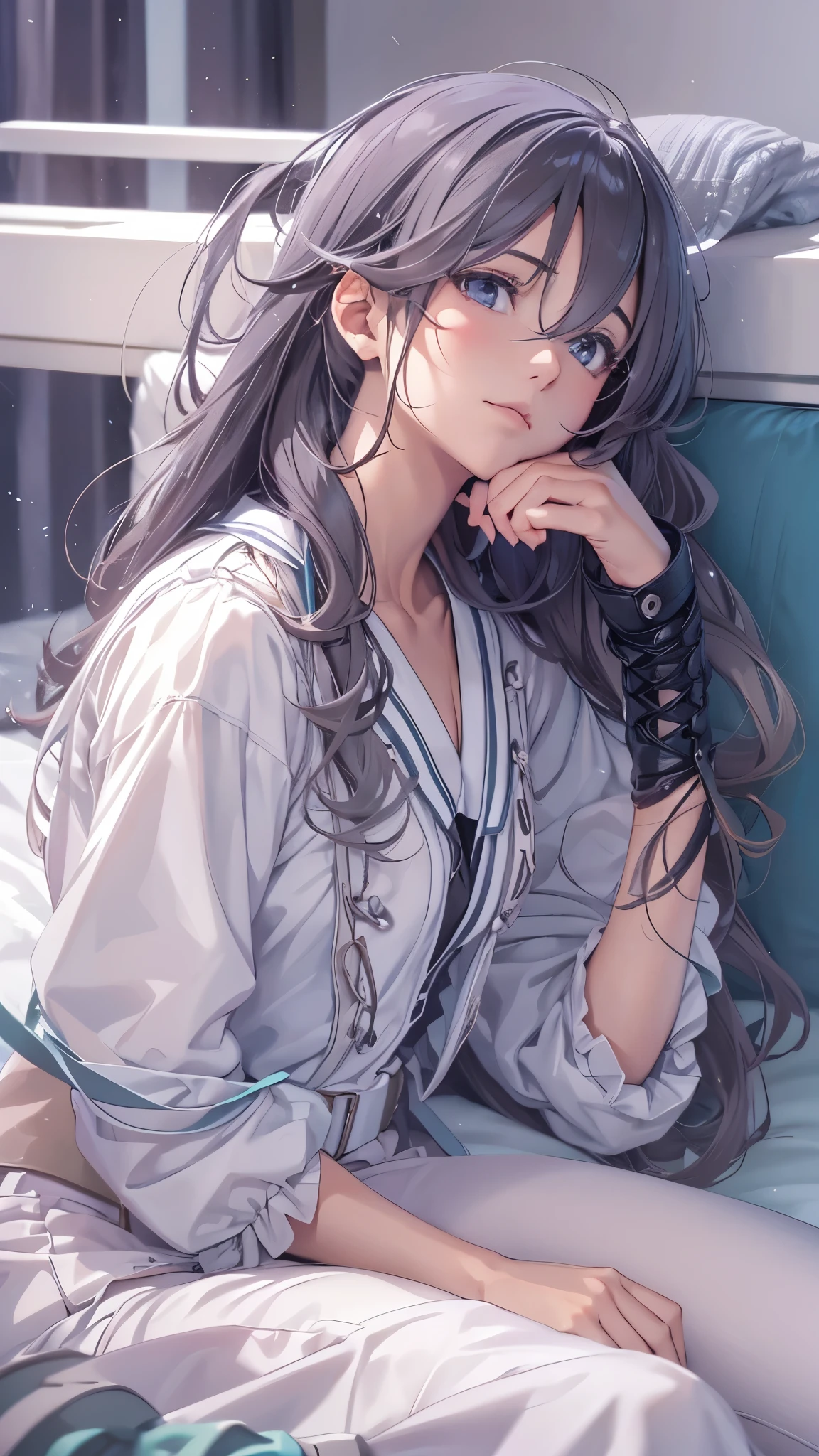 (highest quality,4K,8K,High resolution,table top:1.2), Super detailed, (realistic,photorealistic,photo-realistic:1.37), ((inside the hospital room1,8)),(full body),sickly beautiful girl, sad,I was surprised,(gray hair color),(long hair), ((lying on the bed1.8)),((near the wheelchair)),((hair above the eyes)),(high-school-uniform),(blouse),(ribbon),(skirt),(wear black open finger gloves),((black lace-up long boots)),((long boots with many belts)),((long boots with many belts)),(knee pads),(braces in legs),espadrilles,beautiful and detailed eyes, beautiful detailed lips, highly detailed eyes and face, long eyelashes, realistic anime 3D style, Smooth anime CG art, Digital rendering by Makoto Shinkai, Moe anime art style, photorealistic rendering of an anime girl, Shinkai Makoto style, Cute anime girl visuals, realistic young anime girl, girl fan art, Created by Anime Artist'studio of.