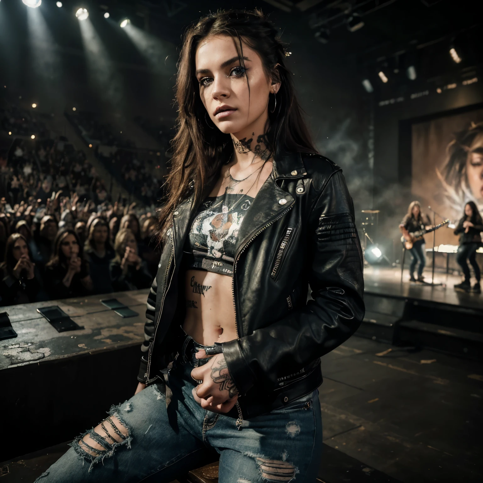 (highres,masterpiece:1.2),extremely detailed face,rocking girl,hint of rebellion,edgy makeup,stunning eyes,full lips,wild messy hair,leather jacket,band t-shirt,ripped jeans,tattoos and piercings,concert crowd in the background,dramatic stage lighting,gritty texture,portrait style,electric guitar,rock music