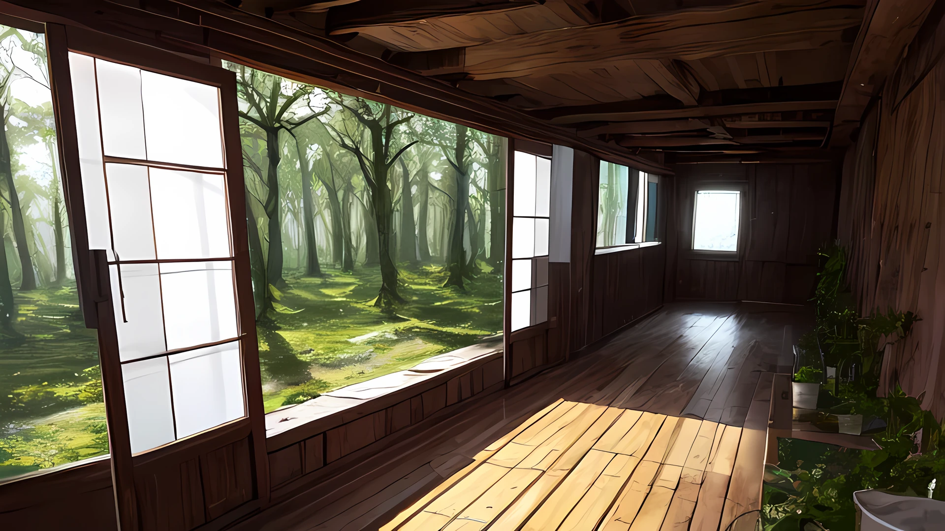 background, background only, interior, (celtic:0.3), (wooden wall: 0.5), two point perspective, medieval, one small window looking into trees, forest
