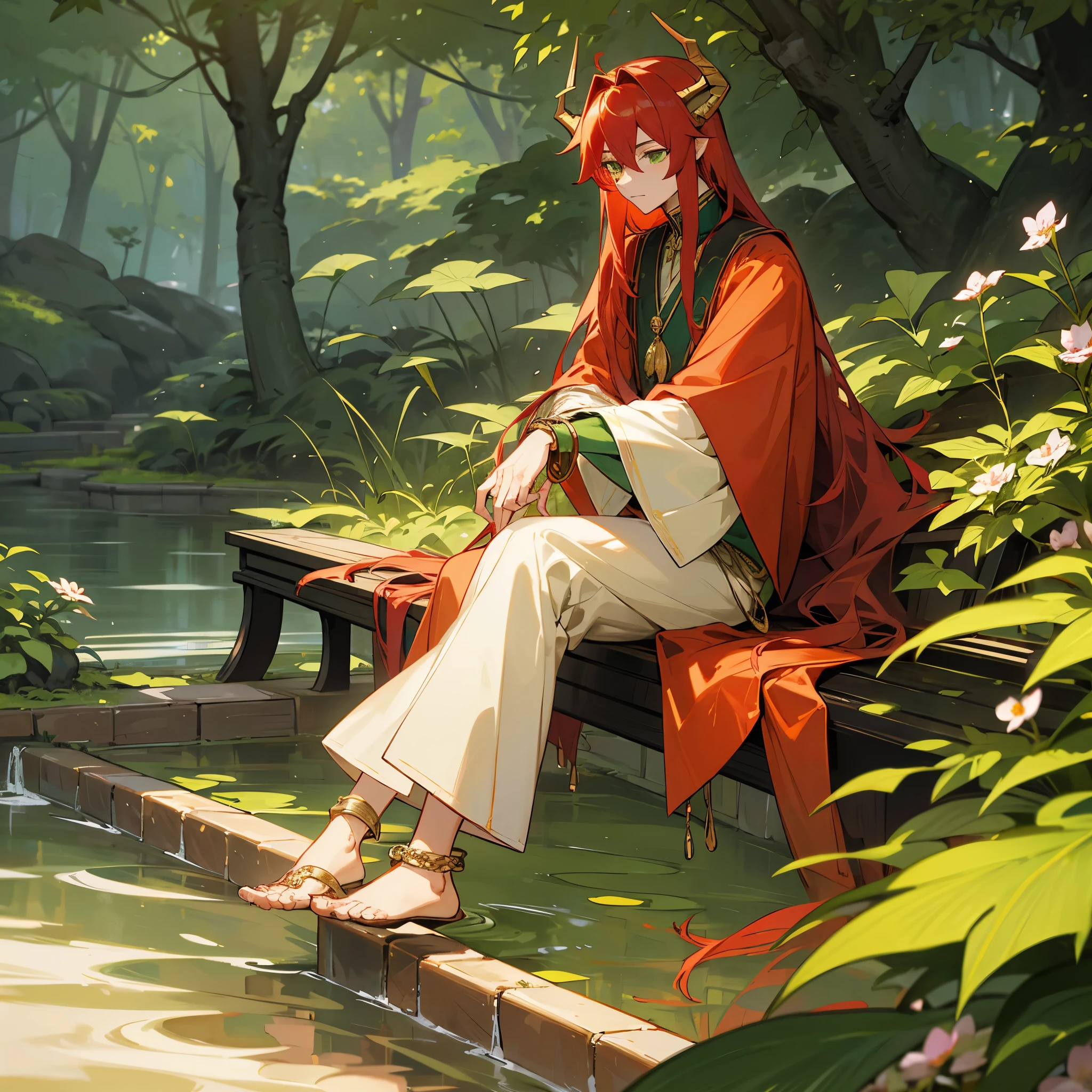 1male, adult male, dragon horns, finely detailed green eyes, wavy long hair, bright red hair, gakuman uniform, long baggy sleeves, gold bracelet, gold anklets, casual clothing, grotto forest, sitting on bench, flowers, calm expression, masterpiece quality, perfect quality