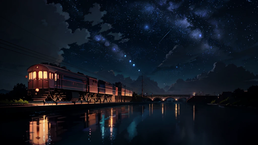 Masterpiece, anime train passing through bodies of water on tracks, bright starry sky. Romantic train, Makoto Shinkai's picture, pixiv, concept art, lofi art style, reflection. by Makoto Shinkai, lofi art, Beautiful anime scene, Anime landscape, detailed scenery —width 672, in style of Makoto shinkai, style of Makoto shinkai, enhanced details.