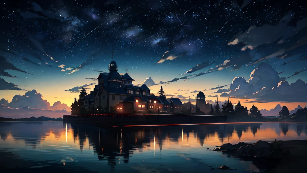 Masterpiece, anime train passing through bodies of water on tracks, bright starry sky. Romantic train, Makoto Shinkai's picture, pixiv, concept art, lofi art style, reflection. by Makoto Shinkai, lofi art, Beautiful anime scene, Anime landscape, detailed scenery —width 672, in style of Makoto shinkai, style of Makoto shinkai, enhanced details.